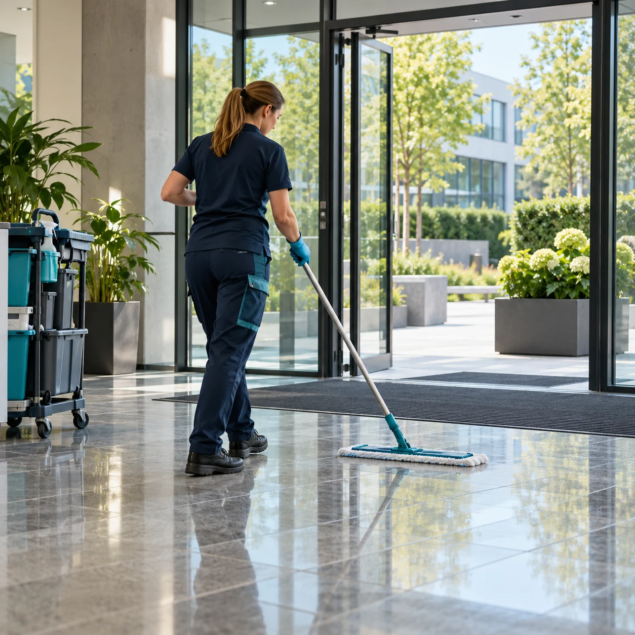 Professionelle Reinigung eines modernen Eingangsbereichs mit gepflegter Außenanlage